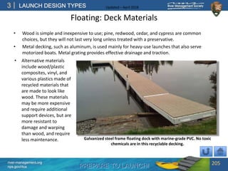 PREPARE TO LAUNCH!
3
river-management.org
nps.gov/rtca
LAUNCH DESIGN TYPES Updated – April 2018
Floating: Deck Materials
• Wood is simple and inexpensive to use; pine, redwood, cedar, and cypress are common
choices, but they will not last very long unless treated with a preservative.
• Metal decking, such as aluminum, is used mainly for heavy-use launches that also serve
motorized boats. Metal grating provides effective drainage and traction.
205
• Alternative materials
include wood/plastic
composites, vinyl, and
various plastics made of
recycled materials that
are made to look like
wood. These materials
may be more expensive
and require additional
support devices, but are
more resistant to
damage and warping
than wood, and require
less maintenance. Galvanized steel frame floating dock with marine-grade PVC. No toxic
chemicals are in this recyclable decking.
 