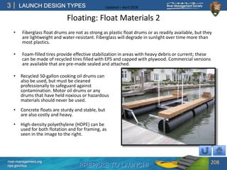 PREPARE TO LAUNCH!
3
river-management.org
nps.gov/rtca
LAUNCH DESIGN TYPES Updated – April 2018
Floating: Float Materials 2
• Fiberglass float drums are not as strong as plastic float drums or as readily available, but they
are lightweight and water-resistant. Fiberglass will degrade in sunlight over time more than
most plastics.
• Foam-filled tires provide effective stabilization in areas with heavy debris or current; these
can be made of recycled tires filled with EPS and capped with plywood. Commercial versions
are available that are pre-made sealed and attached.
208
• Recycled 50-gallon cooking oil drums can
also be used, but must be cleaned
professionally to safeguard against
contamination. Motor oil drums or any
drums that have held noxious or hazardous
materials should never be used.
• Concrete floats are sturdy and stable, but
are also costly and heavy.
• High-density polyethylene (HDPE) can be
used for both flotation and for framing, as
seen in the image to the right.
 
