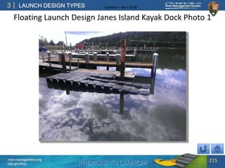 PREPARE TO LAUNCH!
3
river-management.org
nps.gov/rtca
LAUNCH DESIGN TYPES Updated – April 2018
Floating Launch Design Janes Island Kayak Dock Photo 1
215
 