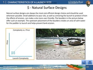 PREPARE TO LAUNCH!
1
river-management.org
nps.gov/rtca
CHARACTERISTICS OF A LAUNCH SITEUpdated – April 2018
Natural surface designs are always the most cost efficient design choice and should be used
whenever possible. Small additions to your site, as well as armoring the launch to protect it from
the effects of erosion, can make a site more user-friendly. The boulders in the picture below
offer such an example. The upstream placement of the boulders creates an area of calm water
for the paddler to launch and helps prevent bank erosion.
Launch Complexity
Price
Complexity vs. Price
$ - Natural Surface Designs
22
 