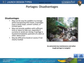 PREPARE TO LAUNCH!
3
river-management.org
nps.gov/rtca
LAUNCH DESIGN TYPES Updated – April 2018
Portages: Disadvantages
Disadvantages
• May not be easy for paddlers to manage
while transporting their boats, if portages
have a steep slope, uneven surface, or
limited space
• May not provide paddlers with sufficient
time or space to take out, especially if
currents or winds are strong, if portage is
located immediately upstream of a dam or
other obstruction
• May be difficult to locate or access if not
clearly marked
239
An extremely low maintenance and rather
tough portage to navigate!
 