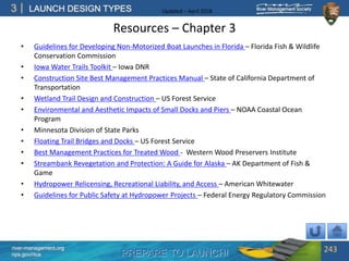 PREPARE TO LAUNCH!
3
river-management.org
nps.gov/rtca
LAUNCH DESIGN TYPES Updated – April 2018
Resources – Chapter 3
• Guidelines for Developing Non-Motorized Boat Launches in Florida – Florida Fish & Wildlife
Conservation Commission
• Iowa Water Trails Toolkit – Iowa DNR
• Construction Site Best Management Practices Manual – State of California Department of
Transportation
• Wetland Trail Design and Construction – US Forest Service
• Environmental and Aesthetic Impacts of Small Docks and Piers – NOAA Coastal Ocean
Program
• Minnesota Division of State Parks
• Floating Trail Bridges and Docks – US Forest Service
• Best Management Practices for Treated Wood - Western Wood Preservers Institute
• Streambank Revegetation and Protection: A Guide for Alaska – AK Department of Fish &
Game
• Hydropower Relicensing, Recreational Liability, and Access – American Whitewater
• Guidelines for Public Safety at Hydropower Projects – Federal Energy Regulatory Commission
243
 