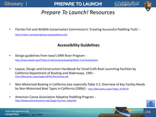 Glossary
river-management.org
nps.gov/rtca
PREPARE TO LAUNCH!
Updated – April 2018
Prepare To Launch! Resources
• Florida Fish and Wildlife Conservation Commission’s ‘Creating Successful Paddling Trails’ -
http://myfwc.com/boating/waterway/paddling-trails/
Accessibility Guidelines
• Design guidelines from Iowa’s DNR River Program -
http://www.iowadnr.gov/Things-to-Do/Canoeing-Kayaking/Water-Trail-Development
• Layout, Design and Construction Handbook for Small Craft Boat Launching Facilities by
California Department of Boating and Waterways, 1991 -
http://dbw.parks.ca.gov/pages/28702/files/lramps.pdf
• Non-Motorized Boating in California (see especially Table 3.1: Overview of Key Facility Needs
by Non-Motorized Boat Types in California (2006)) - http://dbw.parks.ca.gov/?page_id=28754
• American Canoe Association Adaptive Paddling Program -
http://www.americancanoe.org/?page=Courses_Adaptive
248
 