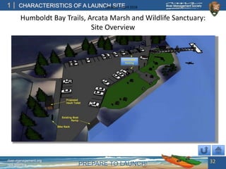 PREPARE TO LAUNCH!
1
river-management.org
nps.gov/rtca
CHARACTERISTICS OF A LAUNCH SITEUpdated – April 2018
Humboldt Bay Trails, Arcata Marsh and Wildlife Sanctuary:
Site Overview
32
Accessible
Parking
 