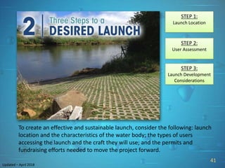 PREPARE TO LAUNCH!
2
river-management.org
nps.gov/ncrc/programs/rtca/
THREE STEPS TO A DESIRED LAUNCHUpdated – April 2018
STEP 1:
Launch Location
STEP 2:
User Assessment
STEP 3:
Launch Development
Considerations
To create an effective and sustainable launch, consider the following: launch
location and the characteristics of the water body; the types of users
accessing the launch and the craft they will use; and the permits and
fundraising efforts needed to move the project forward.
41
Updated – April 2018
 