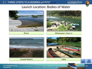 PREPARE TO LAUNCH!
2
river-management.org
nps.gov/rtca
THREE STEPS TO A DESIRED LAUNCHUpdated – April 2018
Launch Location: Bodies of Water
45
Rivers
Coastal Waters
Whitewater: Class 1+
Lakes
 