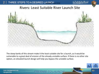 PREPARE TO LAUNCH!
2
river-management.org
nps.gov/rtca
THREE STEPS TO A DESIRED LAUNCHUpdated – April 2018
Rivers: Least Suitable River Launch Site
The steep banks of this stream make it the least suitable site for a launch, as it would be
vulnerable to a great deal of erosion of the already unstable surface. If there is no other site
option, an elevated launch design will help you bypass the unstable surface.
49
 
