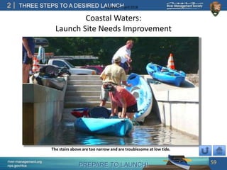 PREPARE TO LAUNCH!
2
river-management.org
nps.gov/rtca
THREE STEPS TO A DESIRED LAUNCHUpdated – April 2018
Coastal Waters:
Launch Site Needs Improvement
59
The stairs above are too narrow and are troublesome at low tide.
 