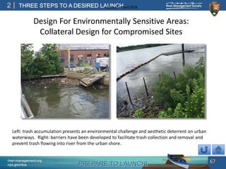 PREPARE TO LAUNCH!
2
river-management.org
nps.gov/rtca
THREE STEPS TO A DESIRED LAUNCHUpdated – April 2018
67
Design For Environmentally Sensitive Areas:
Collateral Design for Compromised Sites
Left: trash accumulation presents an environmental challenge and aesthetic deterrent on urban
waterways. Right: barriers have been developed to facilitate trash collection and removal and
prevent trash flowing into river from the urban shore.
 