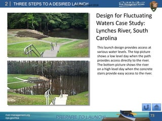 PREPARE TO LAUNCH!
2
river-management.org
nps.gov/rtca
THREE STEPS TO A DESIRED LAUNCHUpdated – April 2018
Design for Fluctuating
Waters Case Study:
Lynches River, South
Carolina
This launch design provides access at
various water levels. The top picture
shows a low level day when the path
provides access directly to the river.
The bottom picture shows the river
on a high level day when the concrete
stairs provide easy access to the river.
73
 