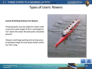 PREPARE TO LAUNCH!
2
river-management.org
nps.gov/rtca
THREE STEPS TO A DESIRED LAUNCHUpdated – April 2018
Types of Users: Rowers
Launch & Parking Features For Rowers
•Floating docks must be stable for rowers with
a minimum dock length of 45 ft. and height of
5-6” above the water. No dock posts should be
present.
•Rowers need large parking and turning areas
to facilitate length of crew boats trailers which
are 76 ft. long.
80
 