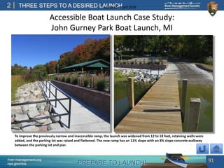PREPARE TO LAUNCH!
2
river-management.org
nps.gov/rtca
THREE STEPS TO A DESIRED LAUNCHUpdated – April 2018
Accessible Boat Launch Case Study:
John Gurney Park Boat Launch, MI
91
To improve the previously narrow and inaccessible ramp, the launch was widened from 12 to 18 feet, retaining walls were
added, and the parking lot was raised and flattened. The new ramp has an 11% slope with an 8% slope concrete walkway
between the parking lot and pier.
 