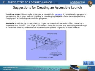 PREPARE TO LAUNCH!
2
river-management.org
nps.gov/rtca
THREE STEPS TO A DESIRED LAUNCHUpdated – April 2018
Suggestions for Creating an Accessible Launch
Transition plates: Sloped surfaces located at the end of a gangway. If the slope of a gangway is
greater than 5%, it must include a landing at the non-gangway end of the transition plate and
comply with accessibility standards for gangways.
Handrails: Handrails are not required on sloped surfaces that have a rise of less than 6“or a
projection less than 72”, or a slope of 5% or less. Since the surface may be moving with changes
in the water handrail, extensions do not need to be parallel to ground or floor surfaces.
98
 