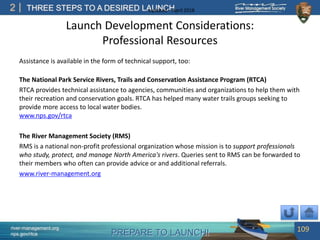PREPARE TO LAUNCH!
2
river-management.org
nps.gov/rtca
THREE STEPS TO A DESIRED LAUNCHUpdated – April 2018
Launch Developm...