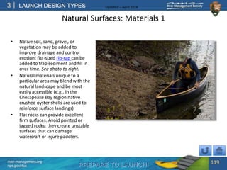 PREPARE TO LAUNCH!
3
river-management.org
nps.gov/rtca
LAUNCH DESIGN TYPES Updated – April 2018
Natural Surfaces: Material...