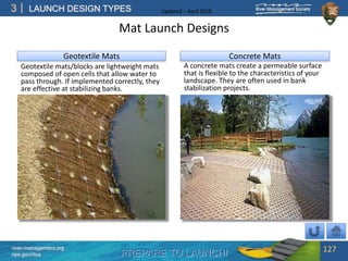 PREPARE TO LAUNCH!
3
river-management.org
nps.gov/rtca
LAUNCH DESIGN TYPES Updated – April 2018
Mat Launch Designs
Geotext...