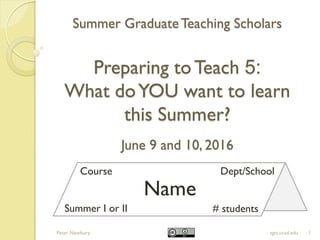 Summer GraduateTeaching Scholars
Preparing toTeach 5:
What doYOU want to learn
this Summer?
June 9 and 10, 2016
1sgts.ucsd.edu
Name
Course Dept/School
Summer I or II # students
Peter Newbury
 