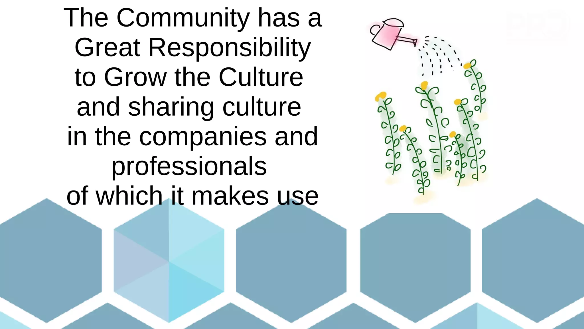 The Community has a
Great Responsibility
to Grow the Culture
and sharing culture
in the companies and
professionals
of which it makes use
 