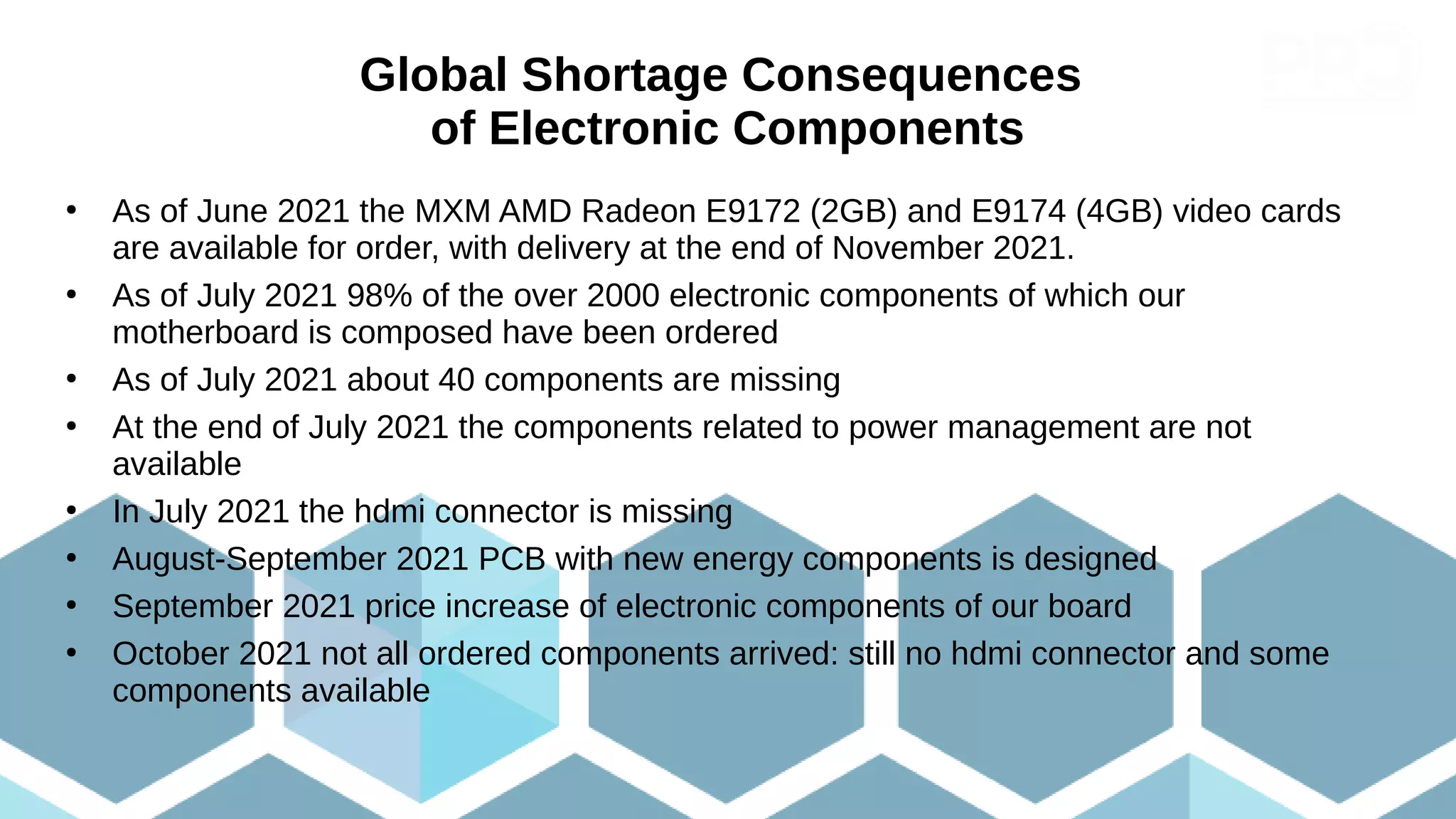 Global Shortage Consequences
of Electronic Components
●
As of June 2021 the MXM AMD Radeon E9172 (2GB) and E9174 (4GB) video cards
are available for order, with delivery at the end of November 2021.
●
As of July 2021 98% of the over 2000 electronic components of which our
motherboard is composed have been ordered
●
As of July 2021 about 40 components are missing
●
At the end of July 2021 the components related to power management are not
available
●
In July 2021 the hdmi connector is missing
●
August-September 2021 PCB with new energy components is designed
●
September 2021 price increase of electronic components of our board
●
October 2021 not all ordered components arrived: still no hdmi connector and some
components available
 