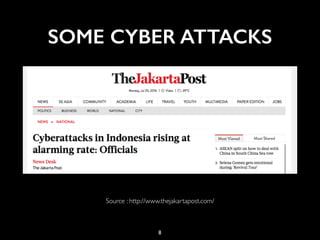 SOME CYBER ATTACKS
8
Source : http://www.thejakartapost.com/
 