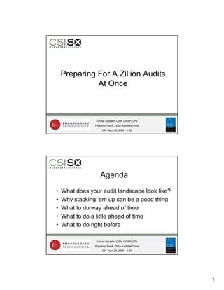 Preparing For A Zillion Audits
              At Once



                  Kimber Spradlin, CISA, CISSP, CPA
                 Preparing For A Zillion Audits At Once
                      G5 – April 28, 2008 – 1:30




                     Agenda
•   What does your audit l d
    Wh d                 di landscape l k lik ?
                                      look like?
•   Why stacking ‘em up can be a good thing
•   What to do way ahead of time
•   What to do a little ahead of time
•   What to do right before

                  Kimber Spradlin, CISA, CISSP, CPA
                 Preparing For A Zillion Audits At Once
                      G5 – April 28, 2008 – 1:30




                                                          1
 