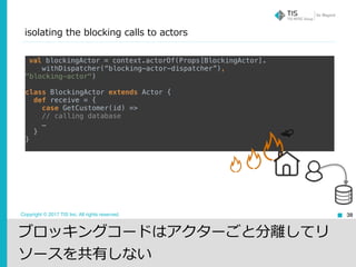 Copyright © 2017 TIS Inc. All rights reserved.
isolating the blocking calls to actors
38
val blockingActor = context.actorOf(Props[BlockingActor]. 
withDispatcher(“blocking-actor-dispatcher”), 
"blocking-actor") 
 
class BlockingActor extends Actor { 
def receive = { 
case GetCustomer(id) => 
// calling database 
… 
} 
}
ブロッキングコードはアクターごと分離してリ
ソースを共有しない
 