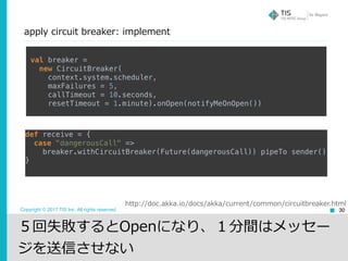 Copyright © 2017 TIS Inc. All rights reserved.
apply circuit breaker: implement
30
val breaker = 
new CircuitBreaker( 
context.system.scheduler, 
maxFailures = 5, 
callTimeout = 10.seconds, 
resetTimeout = 1.minute).onOpen(notifyMeOnOpen())
http://doc.akka.io/docs/akka/current/common/circuitbreaker.html
def receive = { 
case "dangerousCall" => 
breaker.withCircuitBreaker(Future(dangerousCall)) pipeTo sender() 
}
５回失敗するとOpenになり、１分間はメッセー
ジを送信させない
 