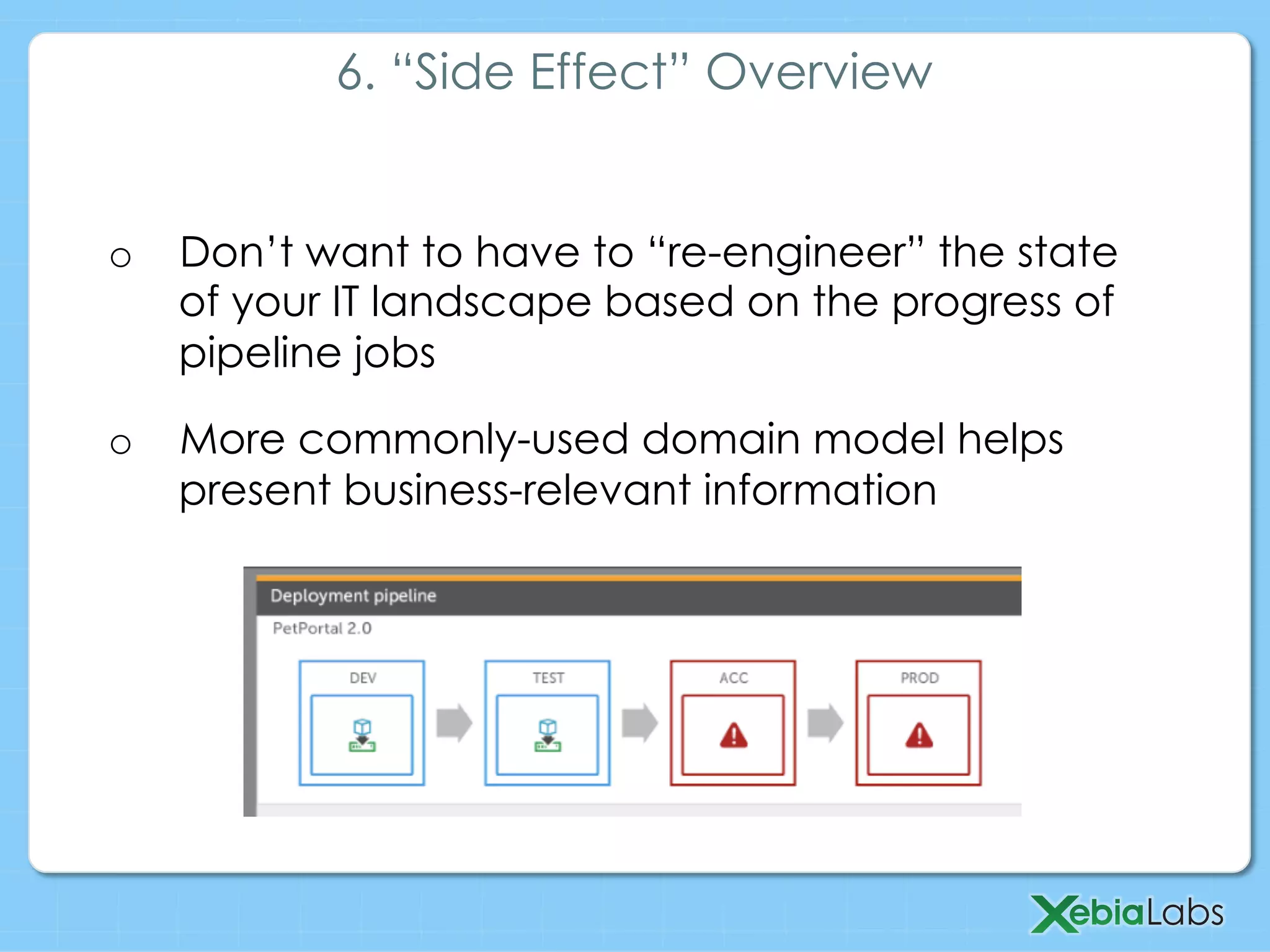 o  Don’t want to have to “re-engineer” the state
of your IT landscape based on the progress of
pipeline jobs
o  More commonly-used domain model helps
present business-relevant information
6. “Side Effect” Overview
 