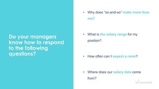 25
Do your managers
know how to respond
to the following
questions?
• Why does “so-and-so” make more than
me?
• What is the salary range for my
position?
• How often can I expect a raise?
• Where does our salary data come
from?
 