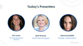 Today's Presenters
Ruth Thomas
Chief Product Evangelist
Kim Taylor
VP of Compensation
Services
Naomi Kauffeldt
Manager, Implementation
 