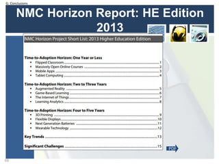 NMC Horizon Report: HE Edition
2013
NMC Horizon report: Higher
Education, 2013
59
PDF
G: Conclusions
 
