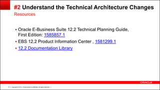 Copyright © 2013, Oracle and/or its affiliates. All rights reserved.17
#2 Understand the Technical Architecture Changes
 Oracle E-Business Suite 12.2 Technical Planning Guide,
First Edition: 1585857.1
 EBS 12.2 Product Information Center , 1581299.1
 12.2 Documentation Library
Resources
 