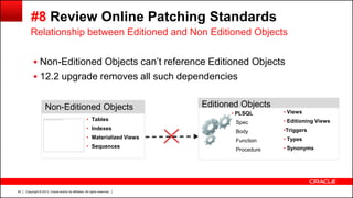 Copyright © 2013, Oracle and/or its affiliates. All rights reserved.42
 Non-Editioned Objects can’t reference Editioned Objects
 12.2 upgrade removes all such dependencies
• PLSQL
Spec
Body
Function
Procedure
• Tables
• Indexes
• Materialized Views
• Sequences
Editioned ObjectsNon-Editioned Objects • Views
• Editioning Views
•Triggers
• Types
• Synonyms
#8 Review Online Patching Standards
Relationship between Editioned and Non Editioned Objects
 