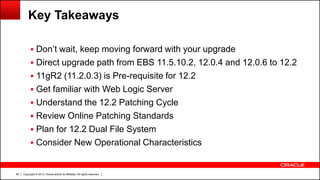Copyright © 2013, Oracle and/or its affiliates. All rights reserved.60
Key Takeaways
 Don’t wait, keep moving forward with your upgrade
 Direct upgrade path from EBS 11.5.10.2, 12.0.4 and 12.0.6 to 12.2
 11gR2 (11.2.0.3) is Pre-requisite for 12.2
 Get familiar with Web Logic Server
 Understand the 12.2 Patching Cycle
 Review Online Patching Standards
 Plan for 12.2 Dual File System
 Consider New Operational Characteristics
 