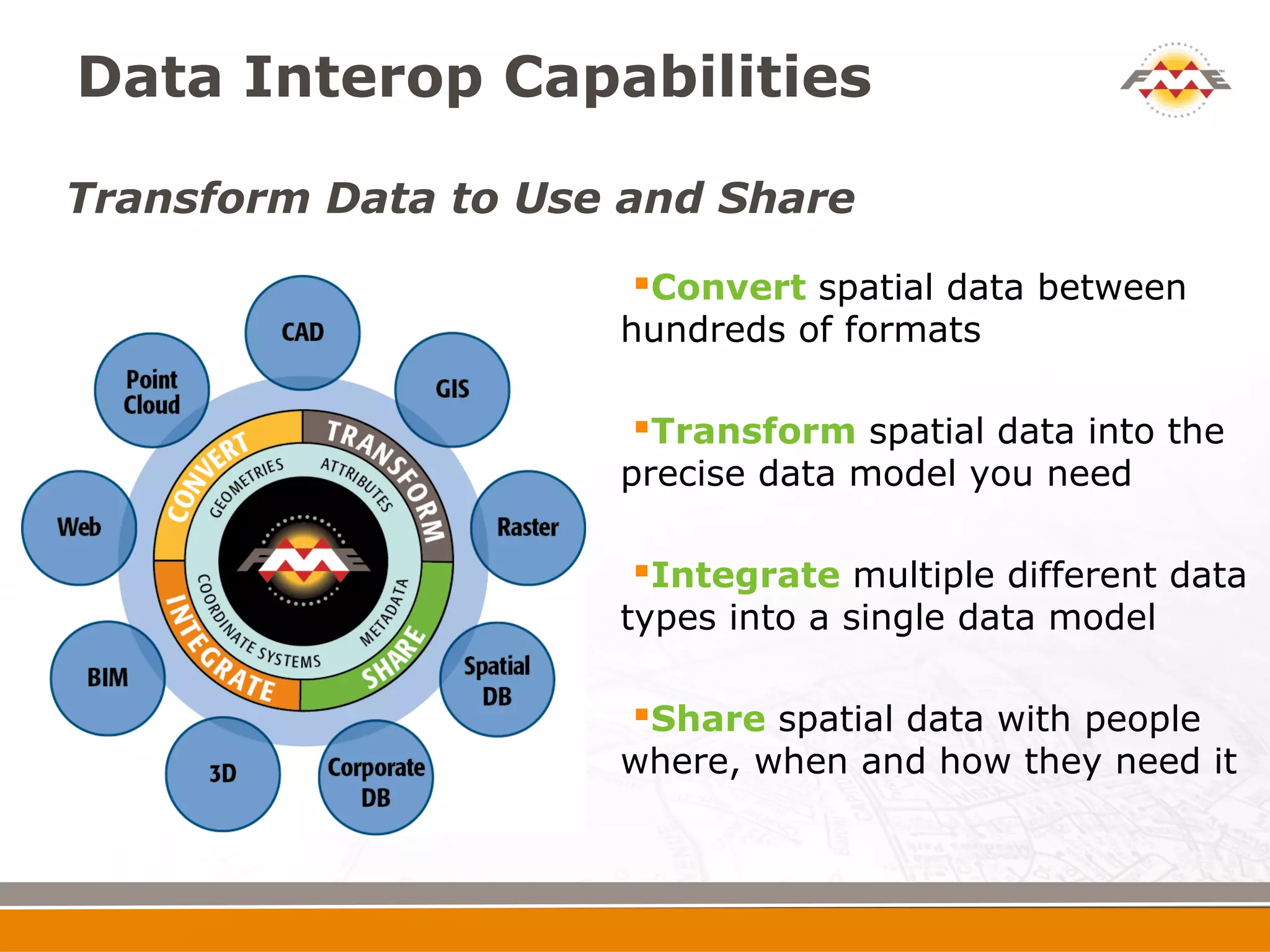 Data Interop Capabilities

Transform Data to Use and Share
                      Convert spatial data between
                     hundreds of formats

                      Transform spatial data into the
                     precise data model you need

                      Integrate multiple different data
                     types into a single data model

                      Share spatial data with people
                     where, when and how they need it
 