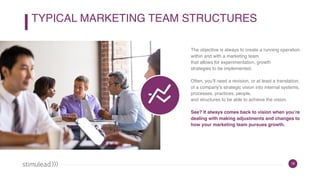 18
The objective is always to create a running operation
within and with a marketing team  
that allows for experimentation, growth  
strategies to be implemented.
Often, you’ll need a revision, or at least a translation,
of a company’s strategic vision into internal systems,
processes, practices, people,  
and structures to be able to achieve the vision.
See? It always comes back to vision when you’re
dealing with making adjustments and changes to
how your marketing team pursues growth.
TYPICAL MARKETING TEAM STRUCTURES
 