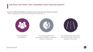 Your existing team
and structure.
Your existing systems and  
processes for attraction, acquisition,
retention, and growth.
Your marketing and sales vision,
and how your team is formed to
execute on that vision.
B2B SAAS, SOFTWARE, TECH: PREPARING YOUR TEAM FOR GROWTH
2
If you’re a B2B software/tech company, how do you go from traction to scale?
That’s a big question, but the start of a solution comes down to:
 