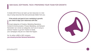 30
A simple shift of focus can open up new resources or a new
way of using resources that were previously hidden from you.
If the priority and goal of your marketing is growth,
you need to align your resources with that.
To broad categories of Creative, Marketing Operations,
Content & Communication, Product Marketing, and Demand
Generation can remain as categories, but if you’re trying to
achieve Traction or go from Traction to Scale,
your campaigns only job is to make that happen.
So, for either a B2B or B2C company,  
you should prioritize Demand Generation.
B2B SAAS, SOFTWARE, TECH: PREPARING YOUR TEAM FOR GROWTH
 
