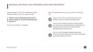 34
One big question a lot of VP’s of Marketing, Sales,
Directors, CMO’s, and so on, asks me is this:
“Should I have a dedicated growth team or
make a change to my whole marketing team
structure?”
The only true answer is: it depends.
Also, if it makes sense to you, you can think of it this way,
too:
If you’re in the “Zero (or seed funding) but need
Traction” phase, you need a dedicated team.
If you’re in the “Traction but want to Scale” phase,
you usually need a dedicated team but depending on
revenue and/or funding, you could set aside a
dedicated “growth special team”.
If you’re in the “Relatively Established but want  
to 10x our Growth” phase, then you need a dedicated
growth team-within-your-team.
10X
B2B SAAS, SOFTWARE, TECH: PREPARING YOUR TEAM FOR GROWTH
 