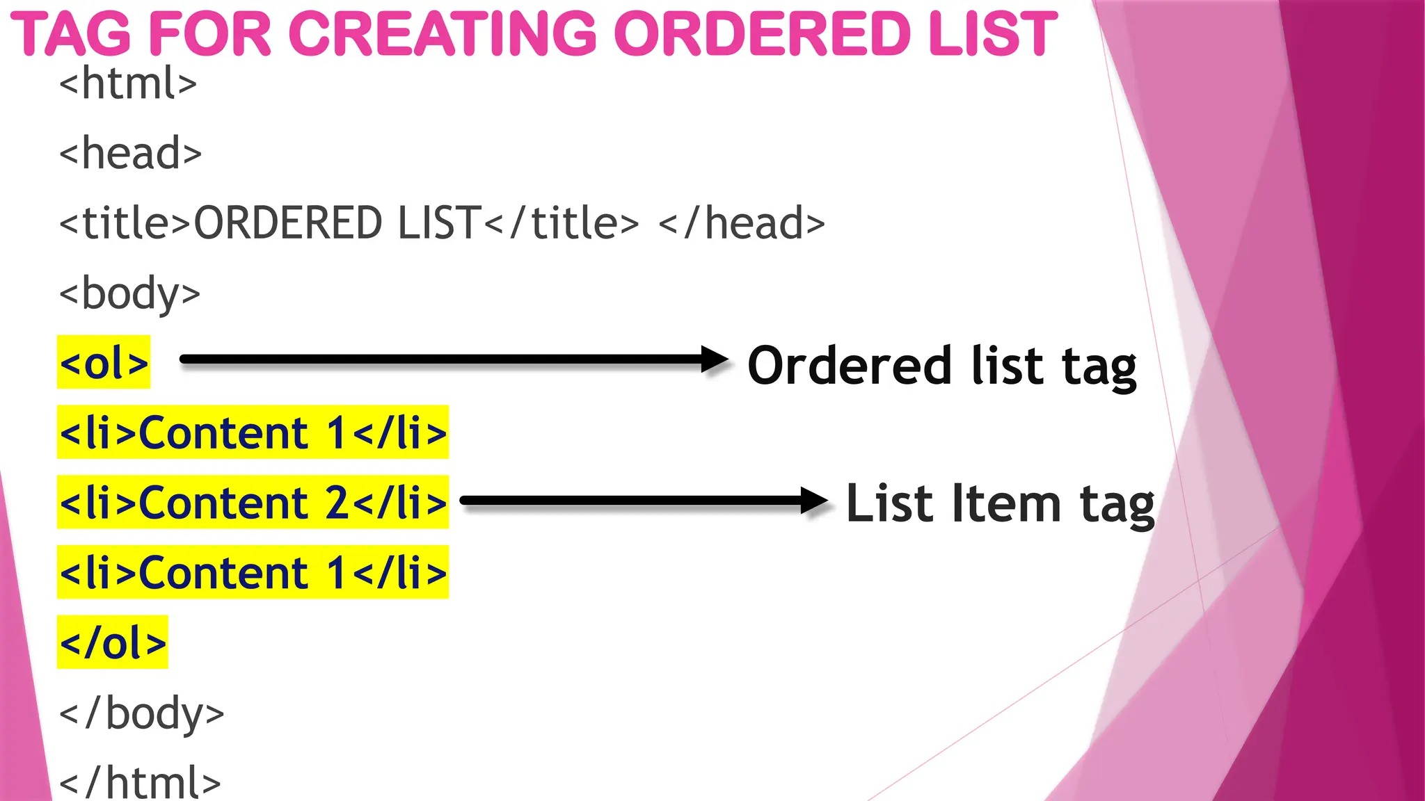 TAG FOR CREATING ORDERED LIST
<html>
<head>
<title>ORDERED LIST</title> </head>
<body>
<ol>
<li>Content 1</li>
<li>Content 2</li>
<li>Content 1</li>
</ol>
</body>
</html>
Ordered list tag
List Item tag
 
