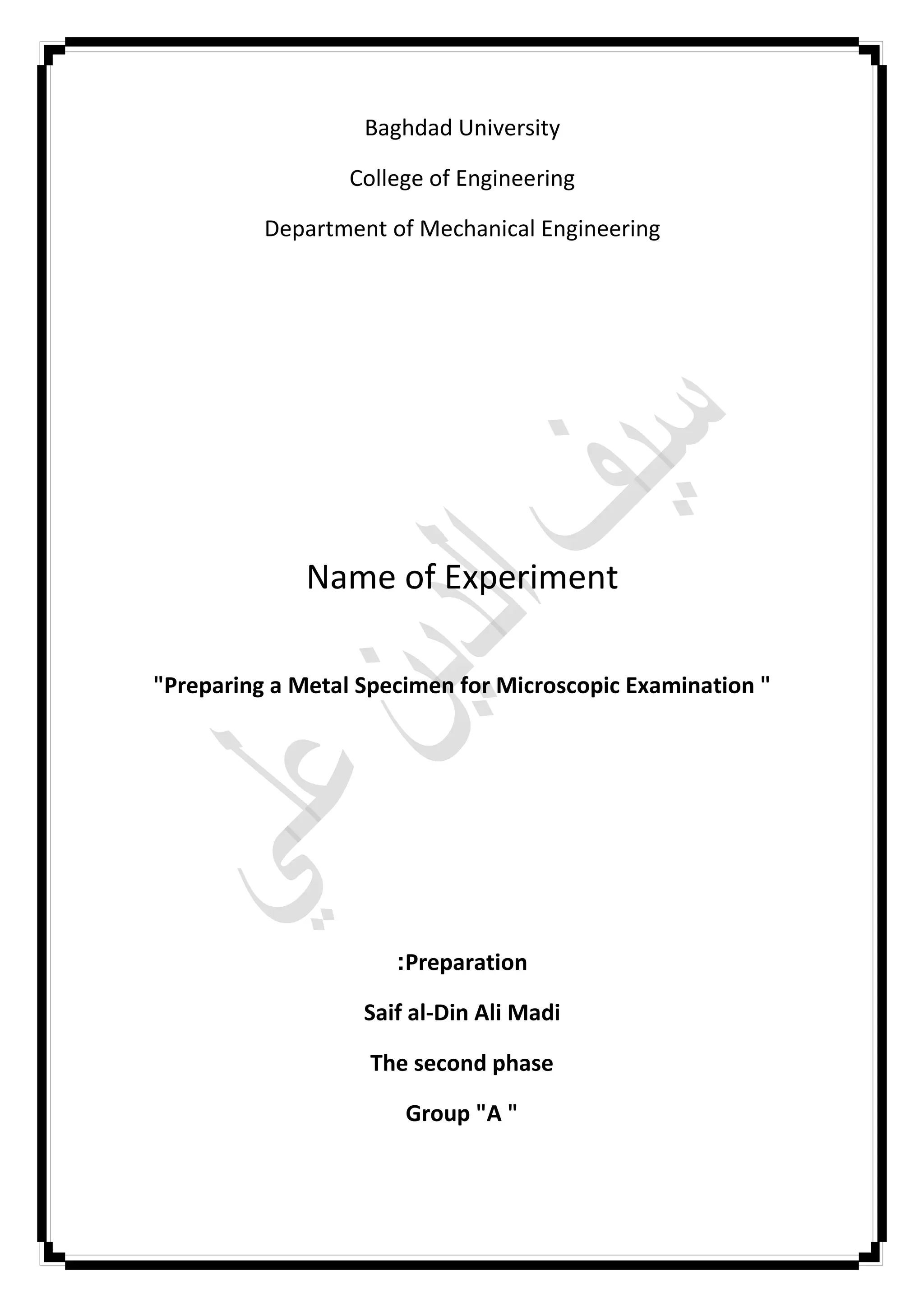 Preparing a metal specimen for microscopic examination PDF