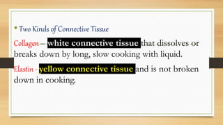 •Two Kinds of Connective Tissue
Collagen – white connective tissue that dissolves or
breaks down by long, slow cooking with liquid.
Elastin - yellow connective tissue and is not broken
down in cooking.
 