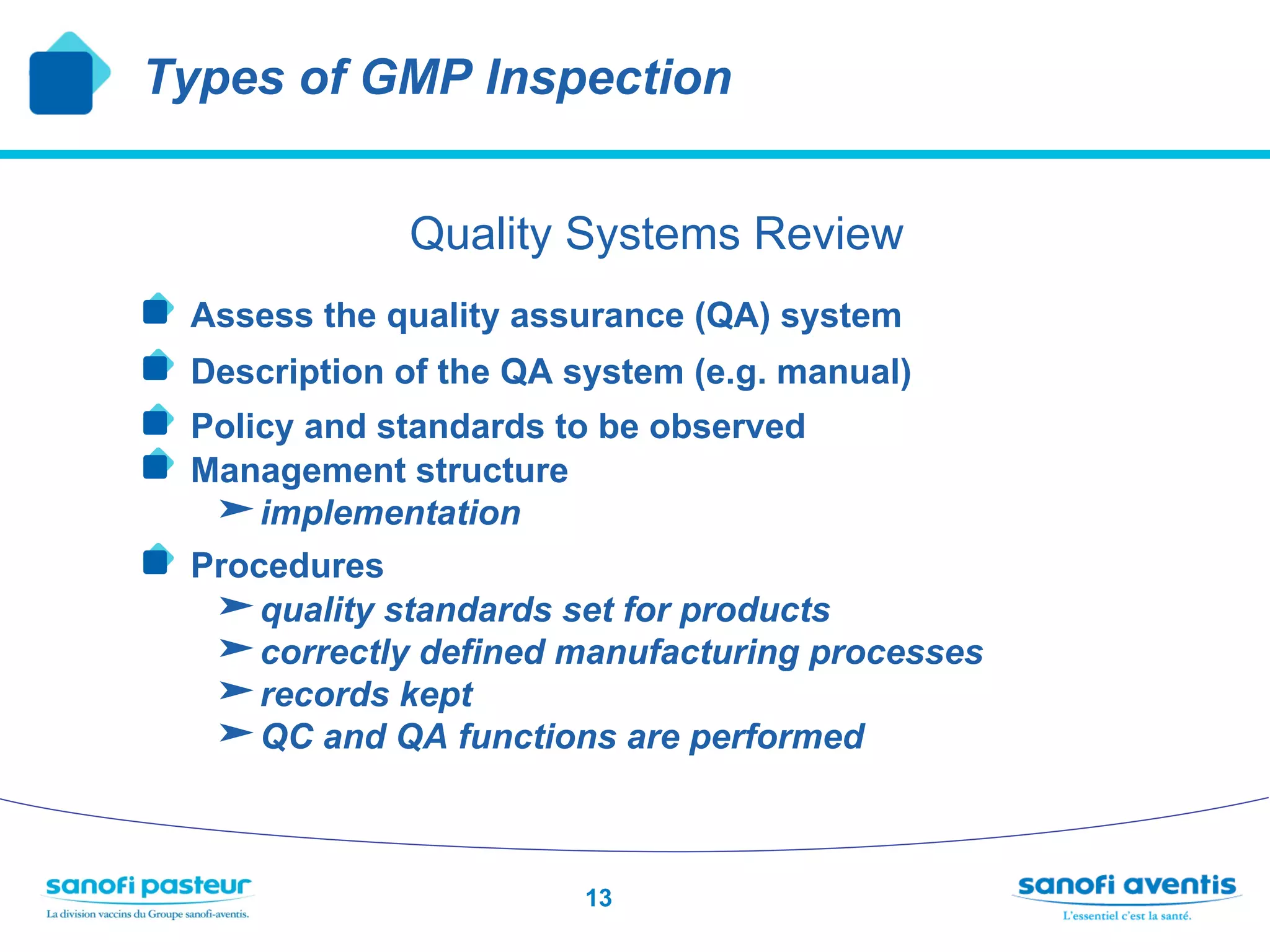 Types of GMP Inspection


                 Quality Systems Review
!     Assess the quality assurance (QA) system
!     Description of the QA system (e.g. manual)
!     Policy and standards to be observed
!     Management structure
       implementation
!   Procedures
       quality standards set for products
       correctly defined manufacturing processes
       records kept
       QC and QA functions are performed


                            13
 