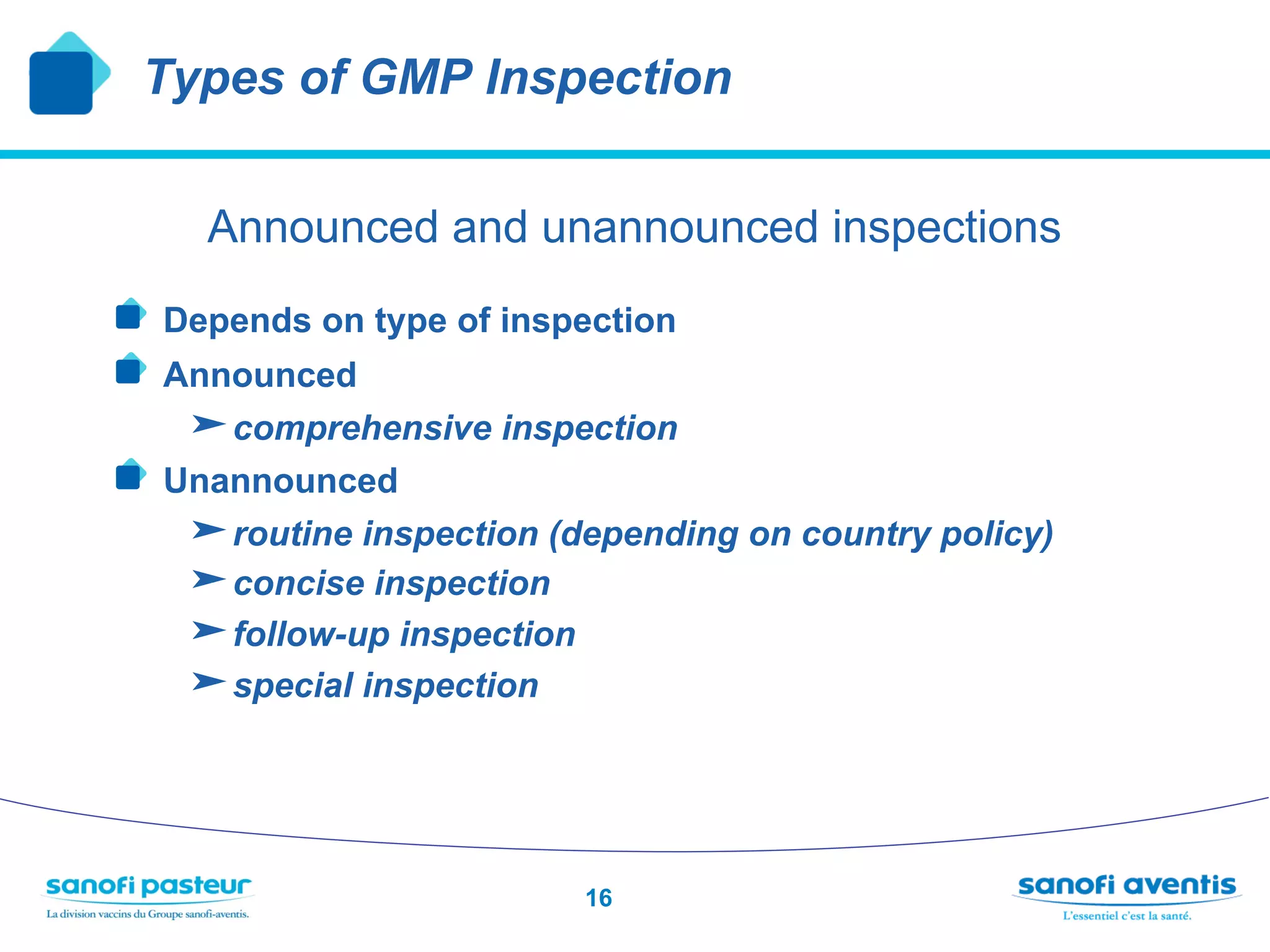 Types of GMP Inspection


     Announced and unannounced inspections
!   Depends on type of inspection
!   Announced
     comprehensive inspection
!   Unannounced
     routine inspection (depending on country policy)
     concise inspection
     follow-up inspection
     special inspection



                           16
 