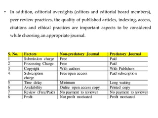 • In addition, editorial oversights (editors and editorial board members),
peer review practices, the quality of published articles, indexing, access,
citations and ethical practices are important aspects to be considered
while choosing an appropriate journal.
 