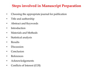 Steps involved in Manuscript Preparation
• Choosing the appropriate journal for publication
• Title and authorship
• Abstract and Keywords
• Introduction
• Materials and Methods
• Statistical analysis
• Results
• Discussion
• Conclusion
• References
• Acknowledgements
• Conflicts of Interest (COI)
 
