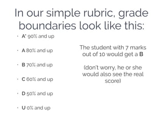 In our simple rubric, grade
boundaries look like this:
• A* 90% and up
• A 80% and up
• B 70% and up
• C 60% and up
• D 50...