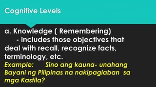 Cognitive Levels
a. Knowledge ( Remembering)
- includes those objectives that
deal with recall, recognize facts,
terminology, etc.
Example: Sino ang kauna- unahang
Bayani ng Pilipinas na nakipaglaban sa
mga Kastila?
 