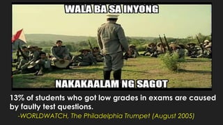 13% of students who got low grades in exams are caused
by faulty test questions.
-WORLDWATCH, The Philadelphia Trumpet (August 2005)
 