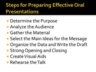  Determine the Purpose
 Analyze the Audience
 Gather the Material
 Select the Main Ideas for the Message
 Organize the Data andWrite the Draft
 Strong Opening and Closing
 CreateVisual Aids
 Rehearse theTalk
 